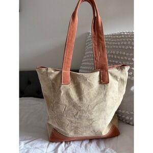 Cargoit Canvas Tote Bag Tan Terracotta Two Tone Large Shoulder Bag Zipper Top